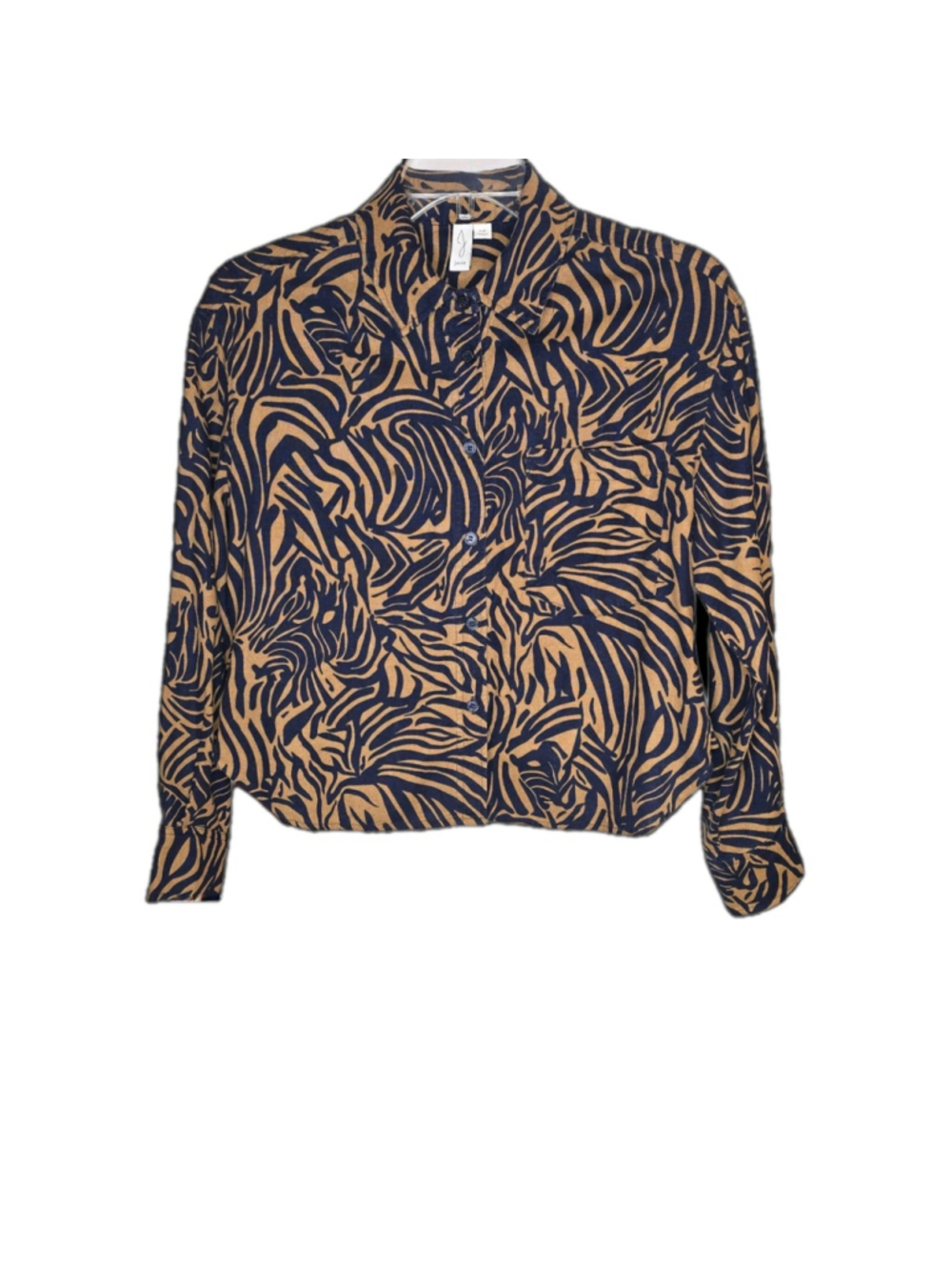 Joie Womens Small Boho Tropical Abstract Print Button Front Blouse Navy Tan